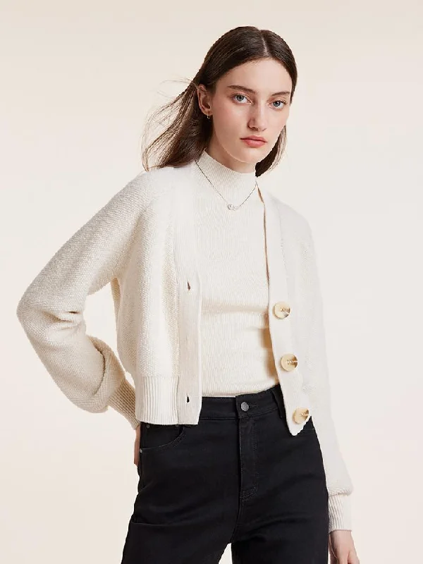 White Wool V-Neck Knit Cropped Lady Cardigan