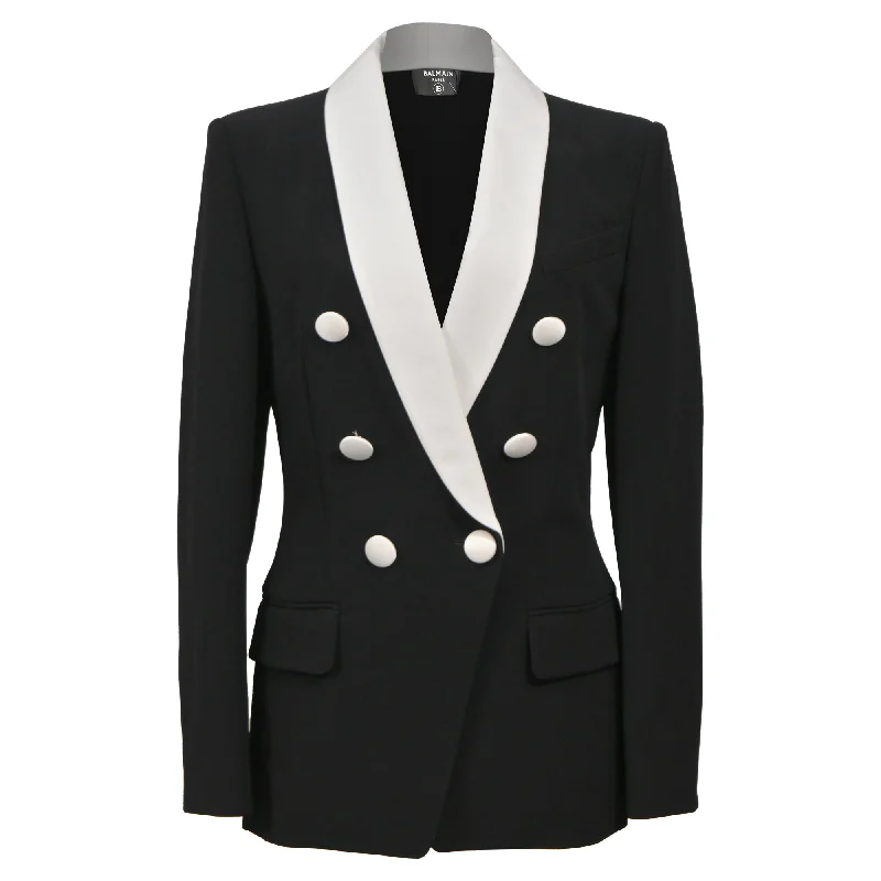 Balmain Double-Breasted Shawl Collar Blazer in Black and White Wool Viscose