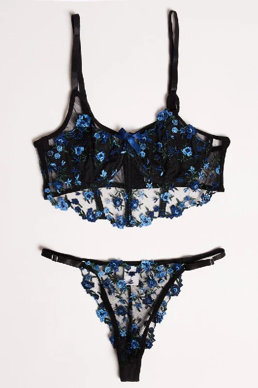 Black Flower Embroidery Lingerie Set