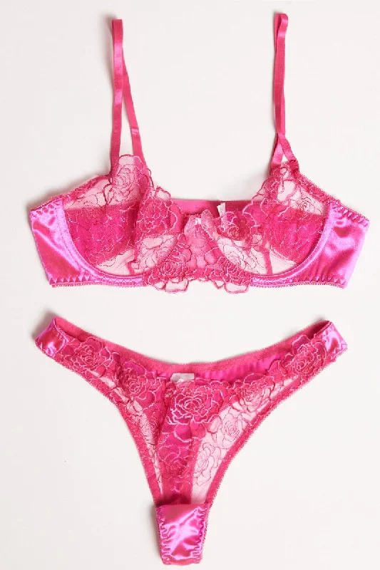 Pink Flower Embroidered Lingerie Set