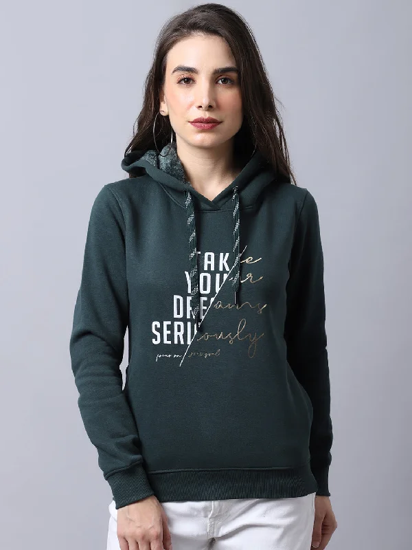 Women's Casual  Bottle Green Regular Full Sleeve Pullover Hoodie Sweatshirt